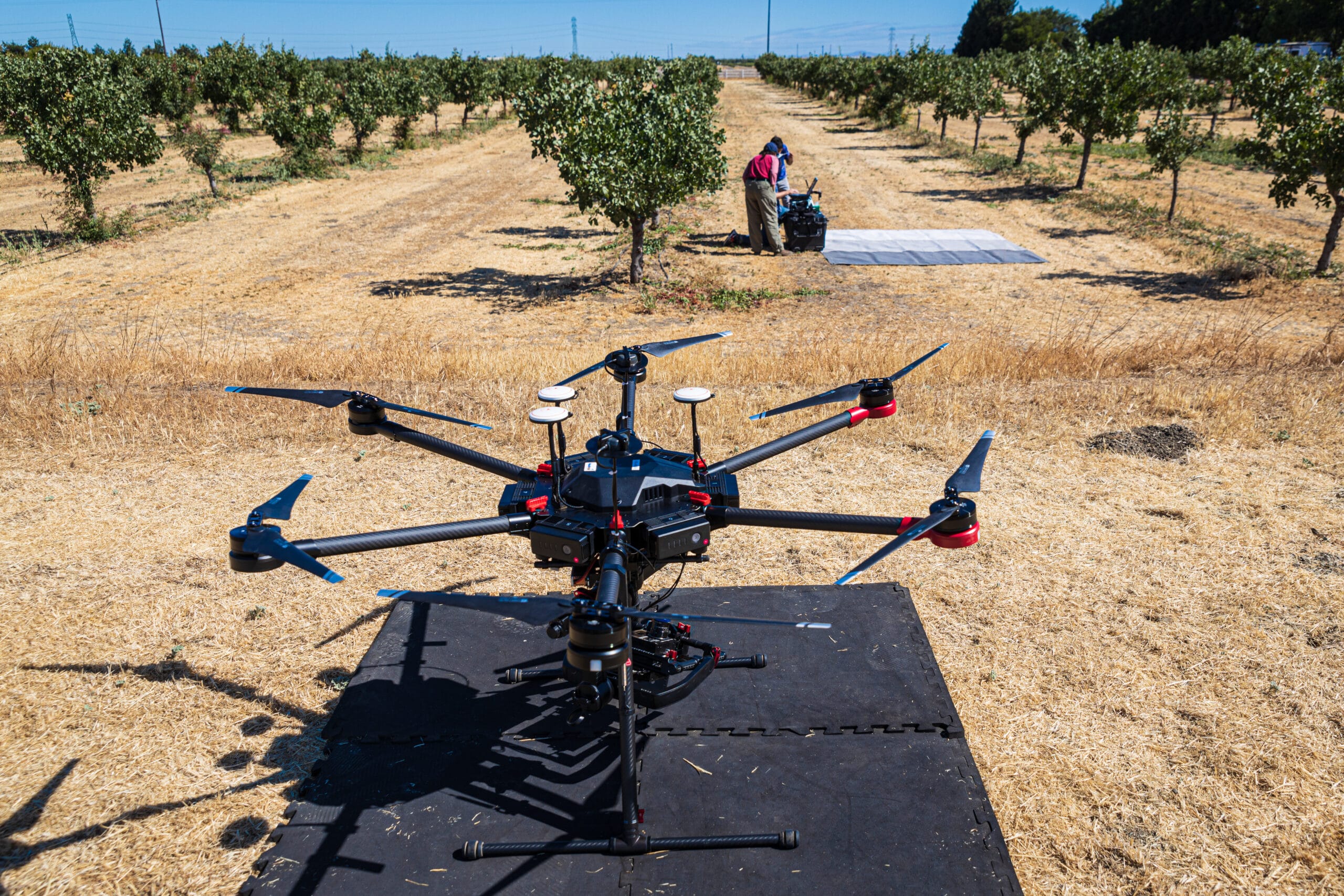 A parked drone near an orchard of trees